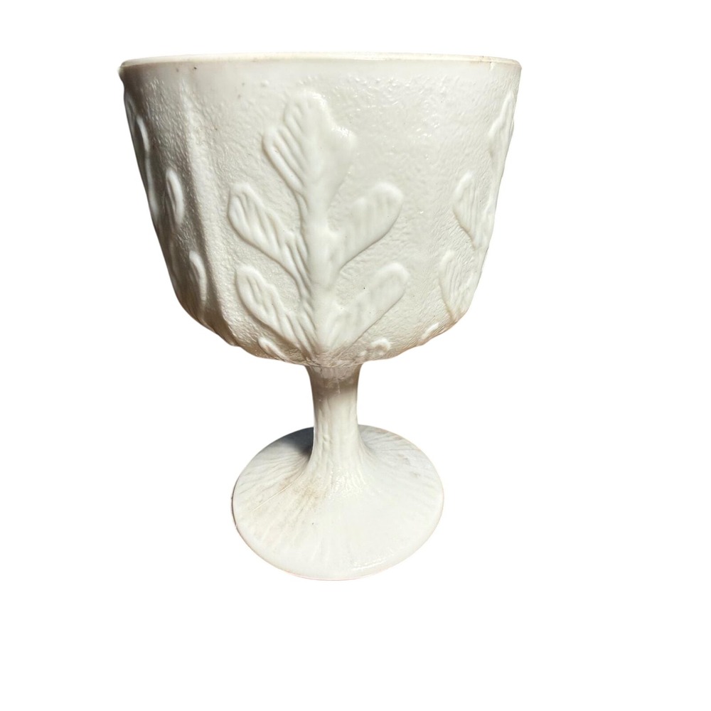 Vintage F.T.D. White Milk Glass Oak Leaf Embossed Footed Goblet Vase  6.4"